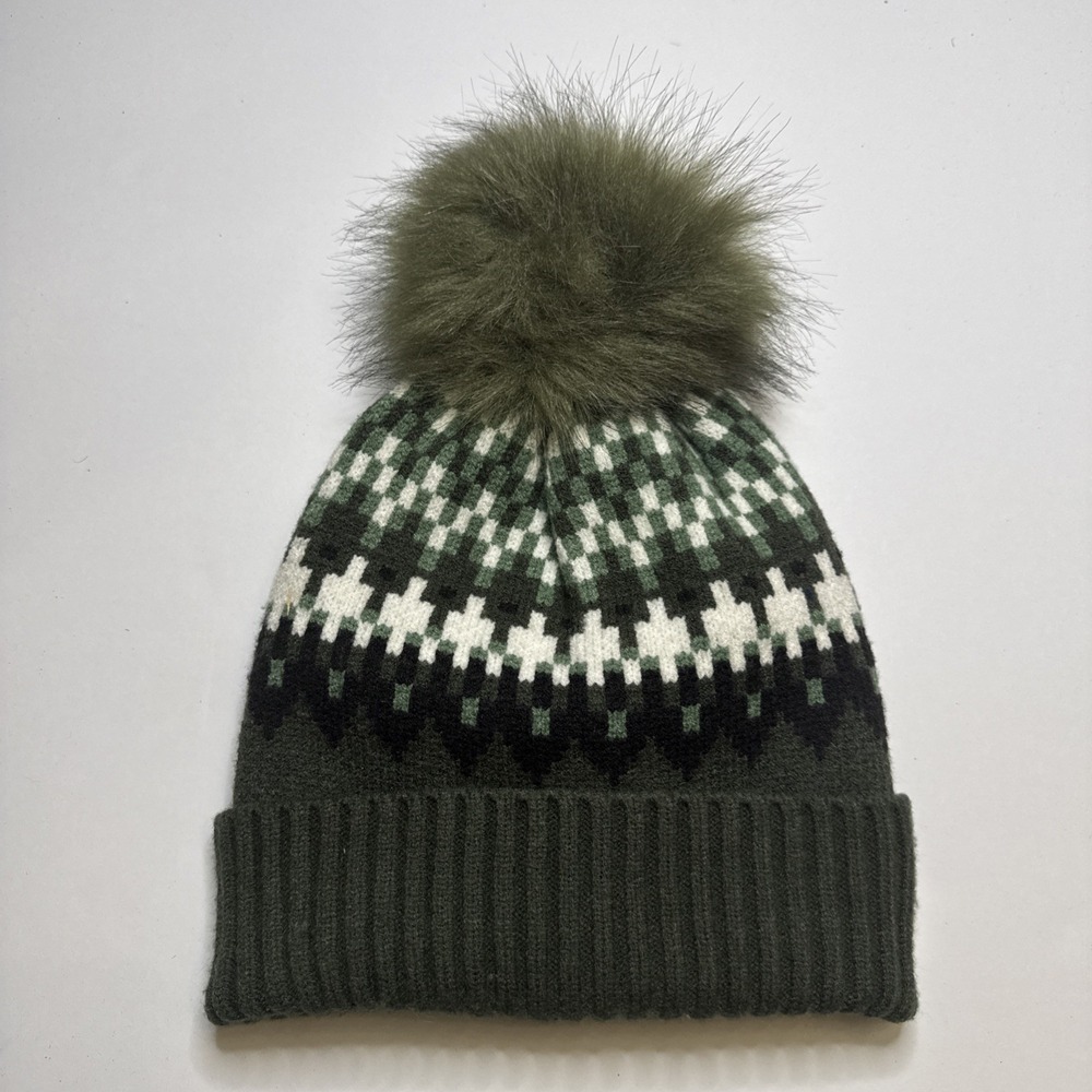 Fair Isle Knit‎ Beanie Hat Olive Green Faux Fur Pom Pom Ribbed Cuff Winter Cap